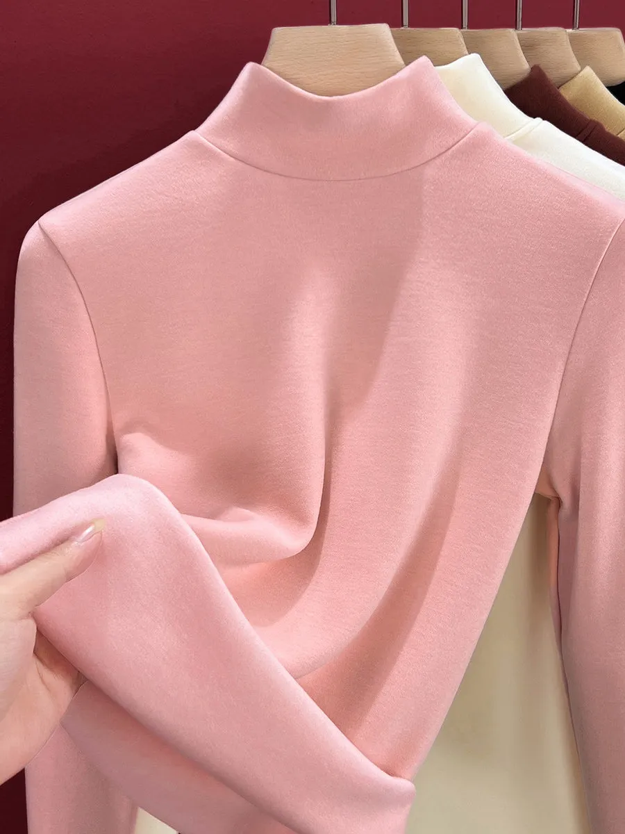 Women Autumn Casual Warm Fleece-lined Half Turtleneck Blouse