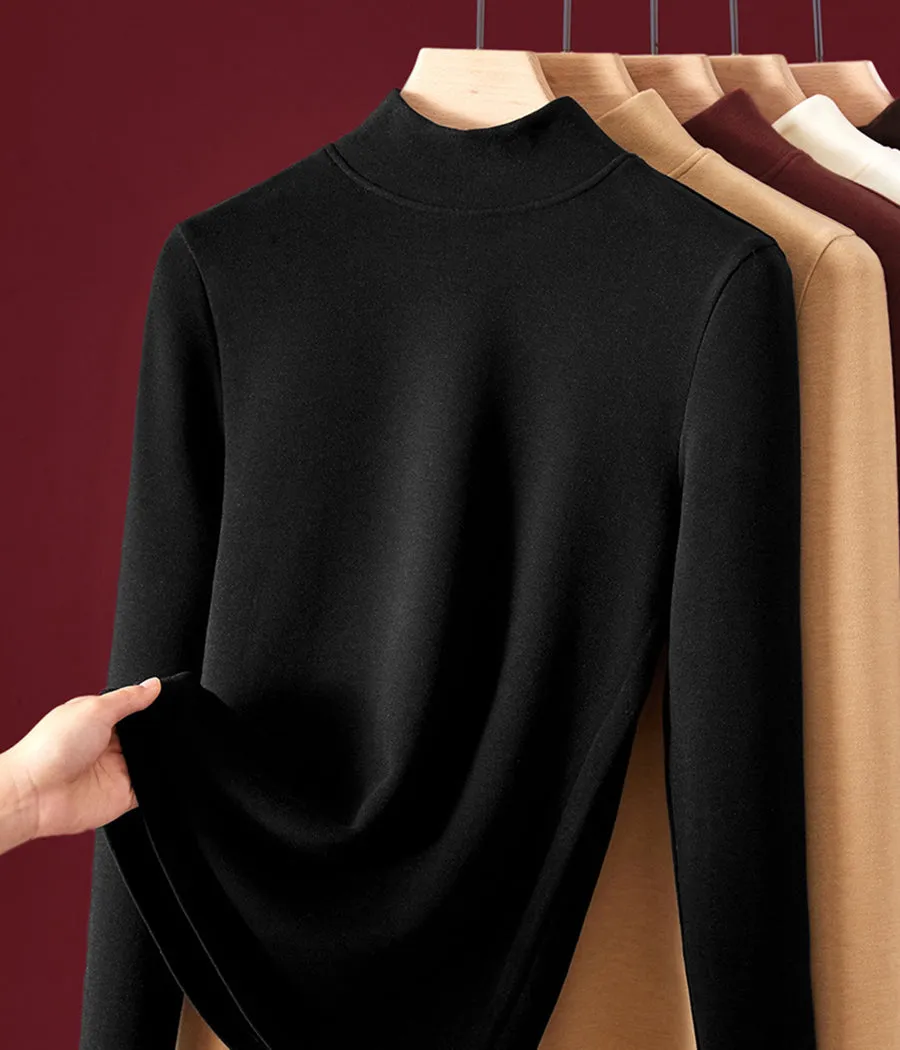 Women Autumn Casual Warm Fleece-lined Half Turtleneck Blouse