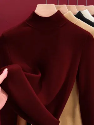 Women Autumn Casual Warm Fleece-lined Half Turtleneck Blouse