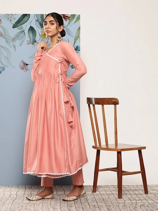 Women Leheriya Angrakha Kurta With Trousers & Dupatta