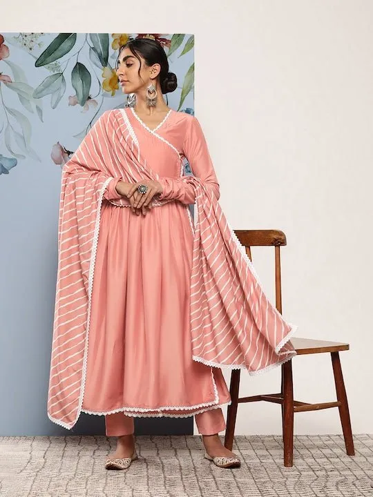 Women Leheriya Angrakha Kurta With Trousers & Dupatta