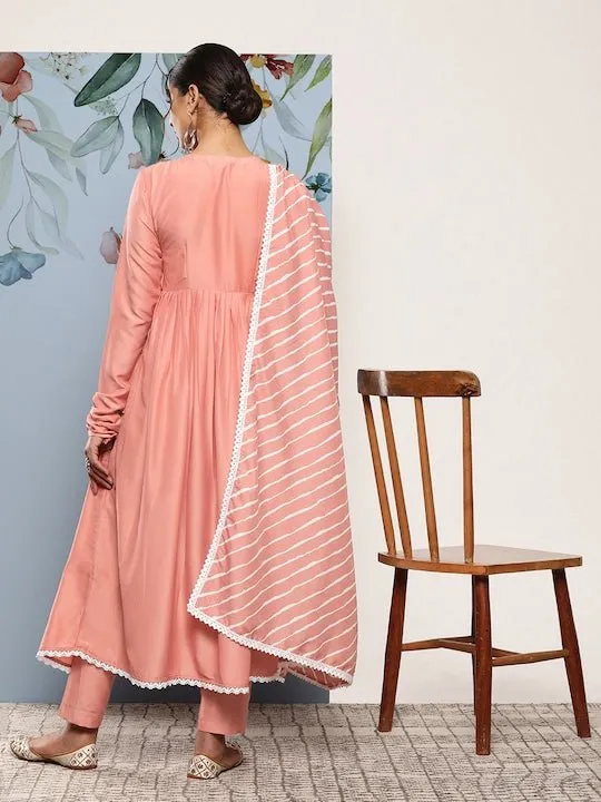 Women Leheriya Angrakha Kurta With Trousers & Dupatta