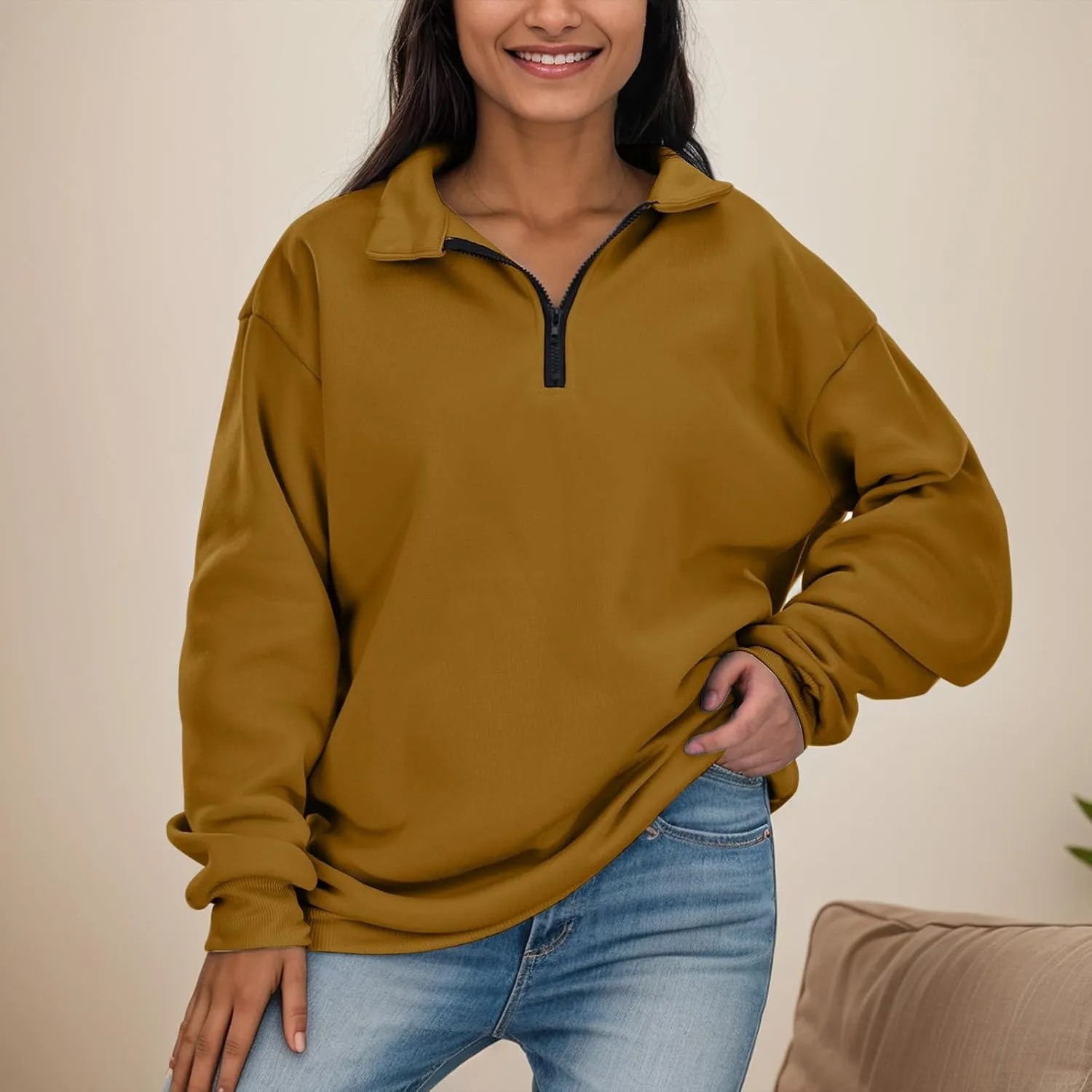 Womens Half Zip Sweatshirts Oversized Plain Trendy Long Sleeve Quarter Zip Pullover Hoodies 2024 Fall Outfits
