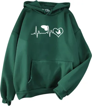 Women's Hoodies Pullover Cute Heart Sweatshirts Long Sleeve Tops with Pockets Loose Hooded Oversized Outerwear