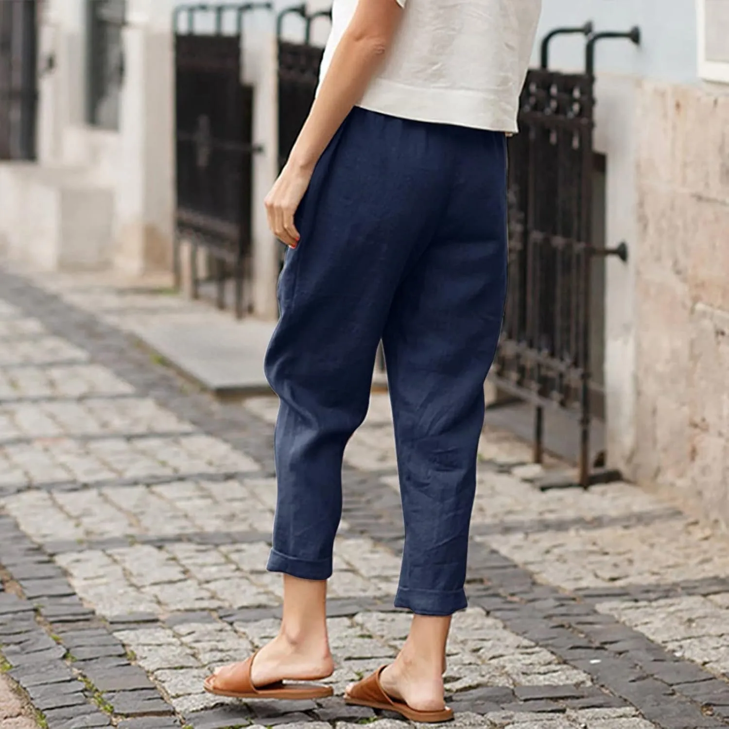 Women's Linen Summer Y2K Streetwear Pants High Waist Baggy Stretchy Loose Fit Pants Trendy