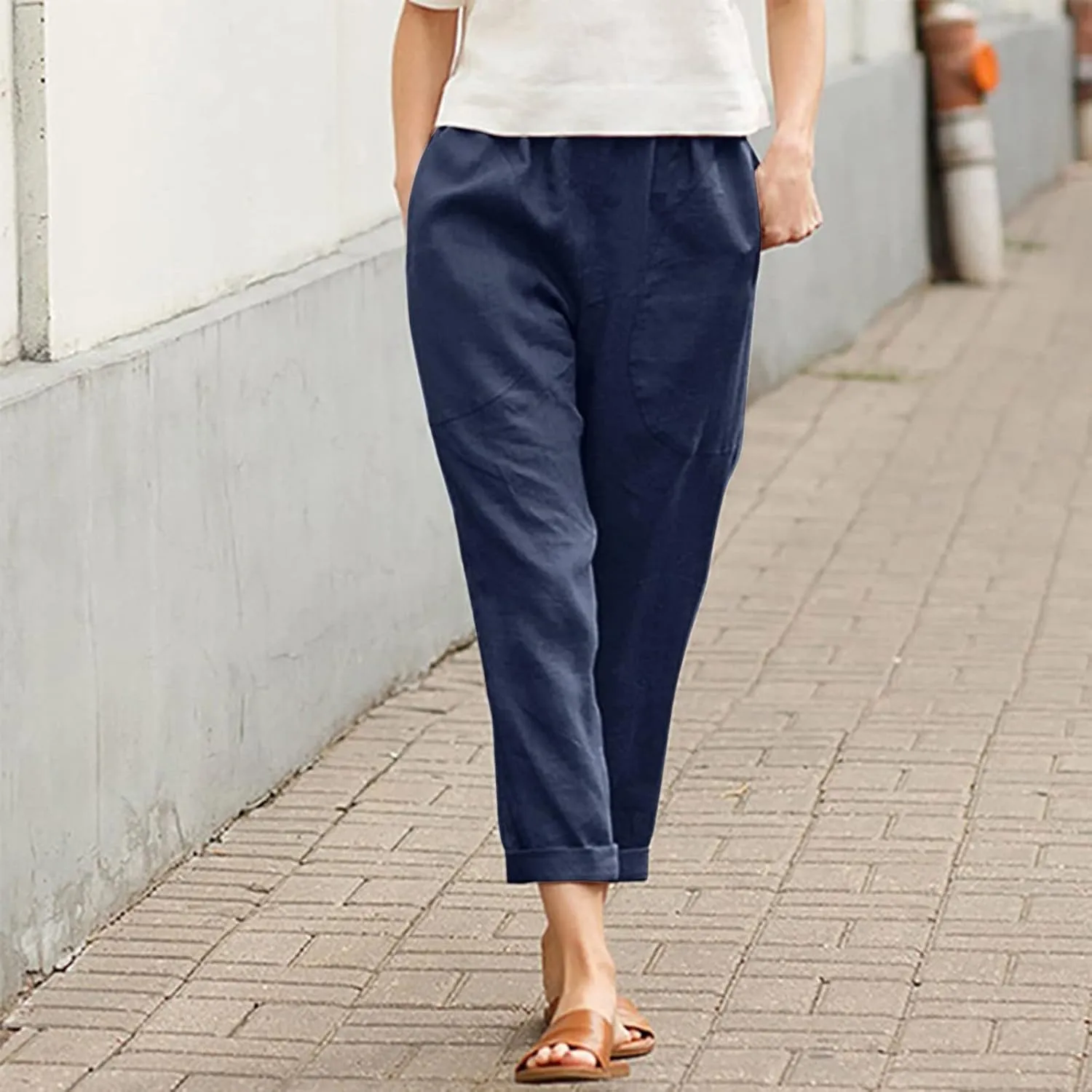 Women's Linen Summer Y2K Streetwear Pants High Waist Baggy Stretchy Loose Fit Pants Trendy