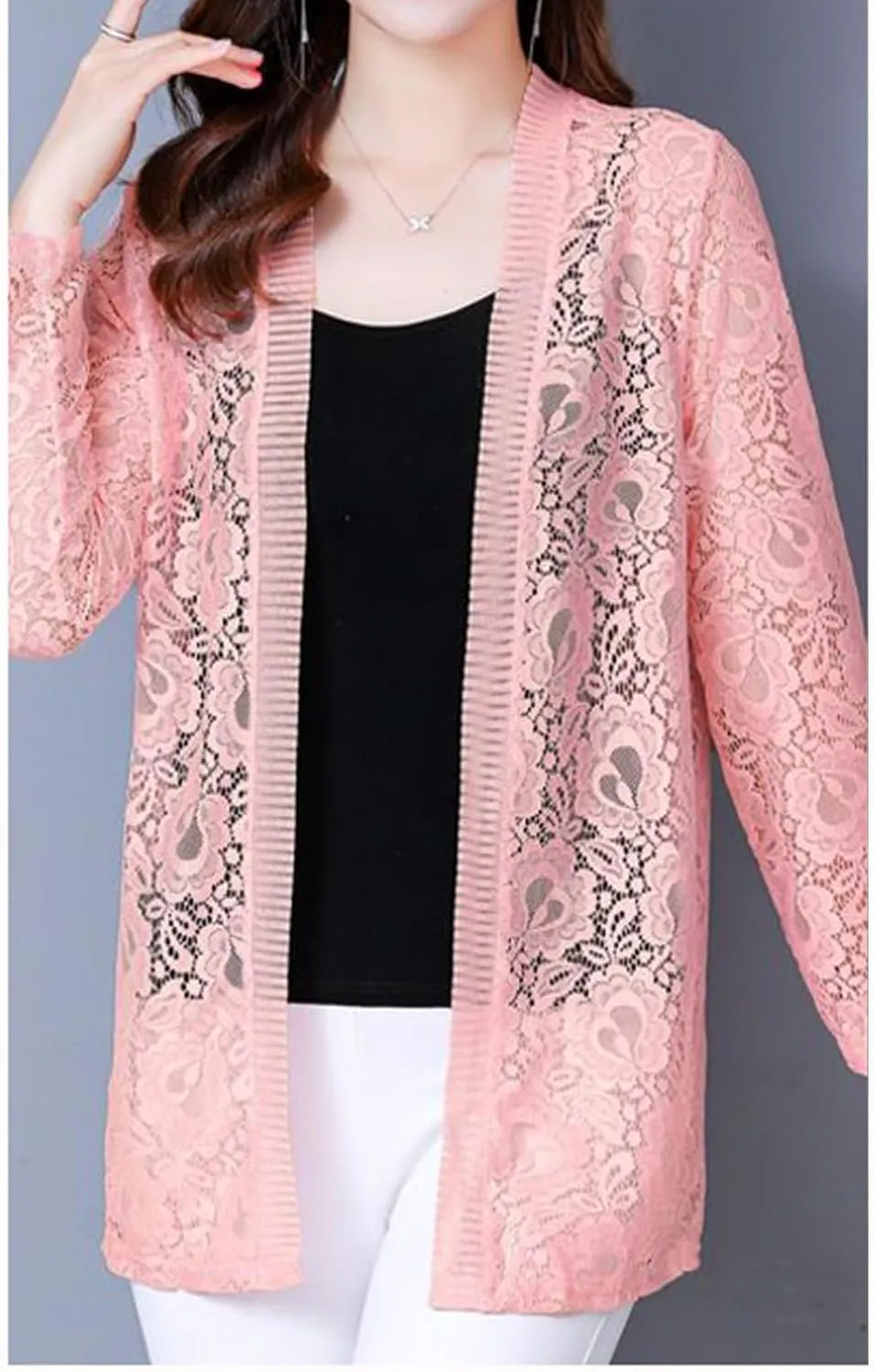 Women's Summer Lightweight Lace Cardigans Open Front 3/4 Sleeve Sheer Crochet Sweaters Cover Up Shrugs Kimono