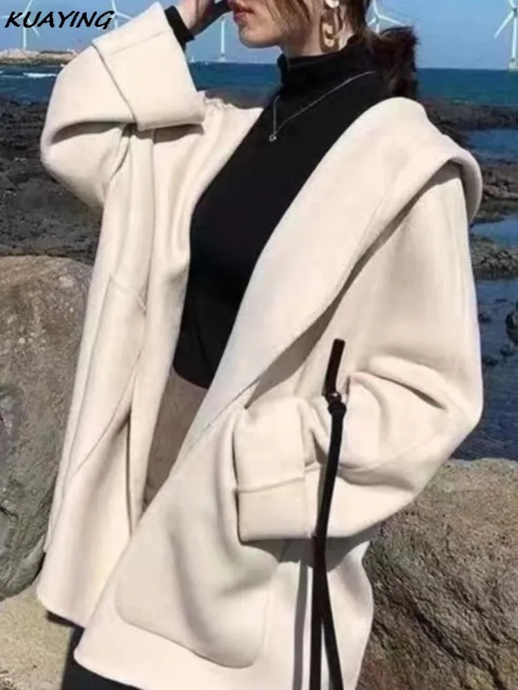Woolen Jacket for Women Autumn French Elegant Petite Mantle Overcoat Female Outerwear Versatile Cardigan Coat Open Stitch Cloak