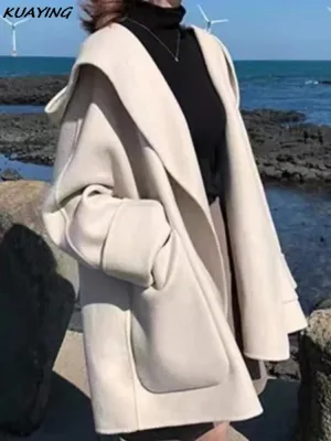 Woolen Jacket for Women Autumn French Elegant Petite Mantle Overcoat Female Outerwear Versatile Cardigan Coat Open Stitch Cloak