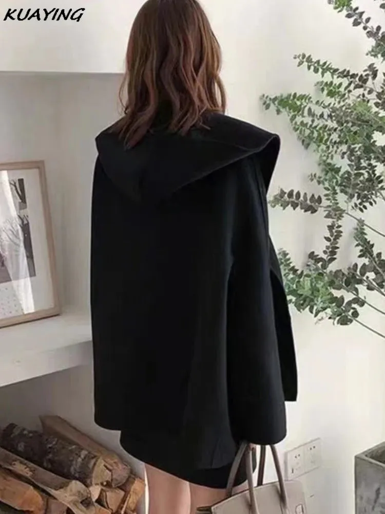 Woolen Jacket for Women Autumn French Elegant Petite Mantle Overcoat Female Outerwear Versatile Cardigan Coat Open Stitch Cloak