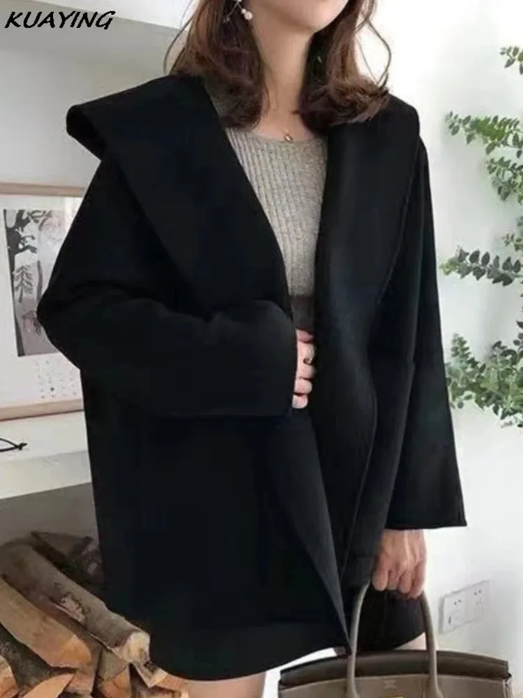 Woolen Jacket for Women Autumn French Elegant Petite Mantle Overcoat Female Outerwear Versatile Cardigan Coat Open Stitch Cloak