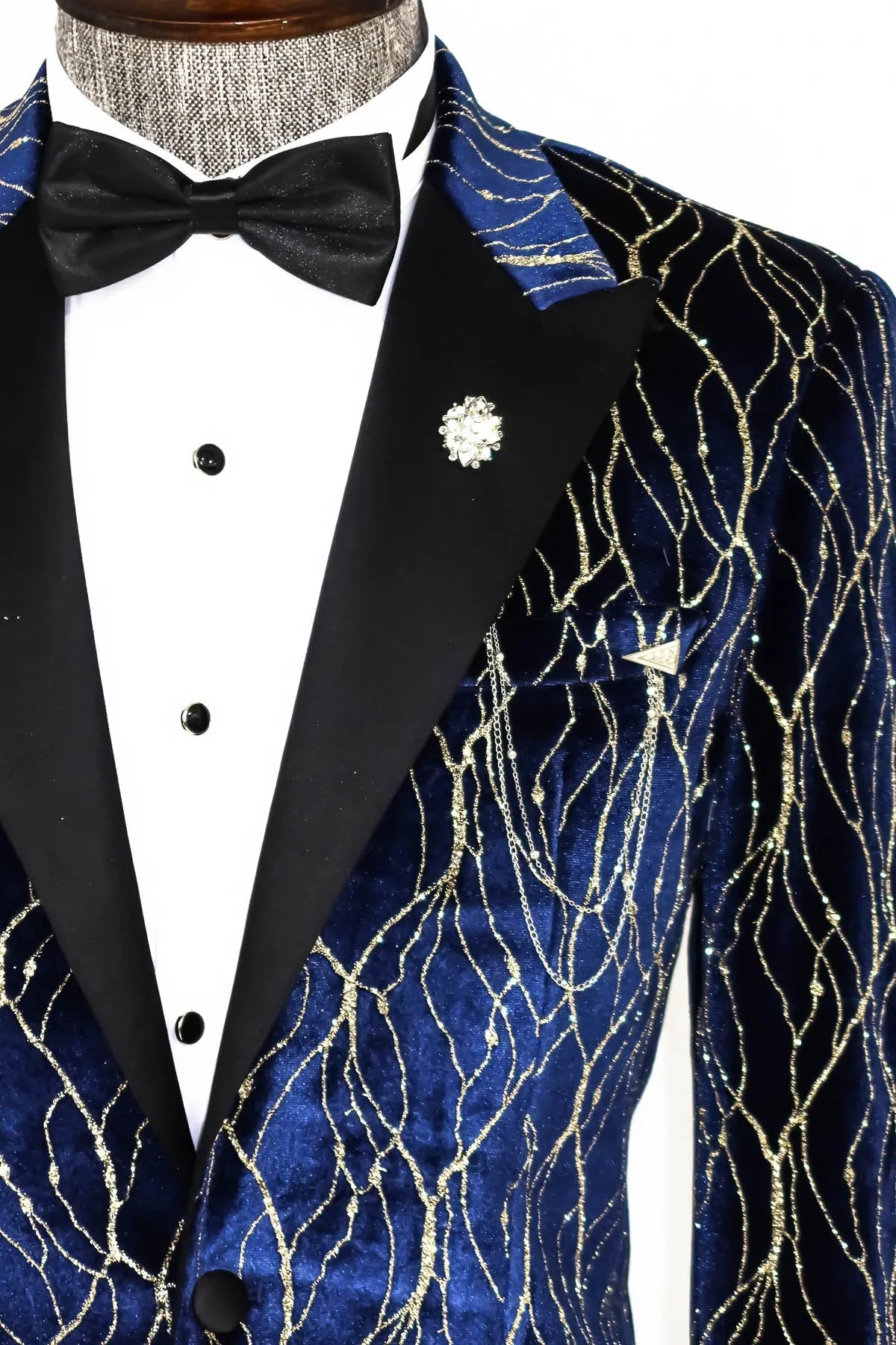 WSS Gold Patterned Navy Blue Men Prom Blazer  - Singen