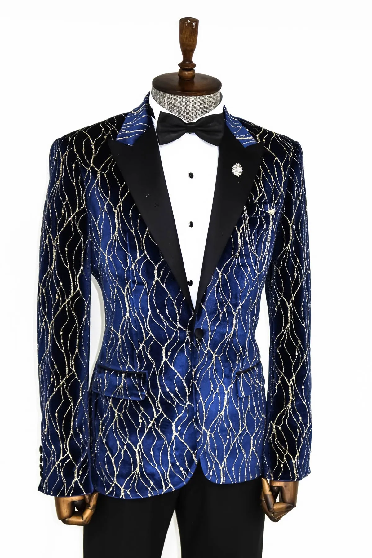 WSS Gold Patterned Navy Blue Men Prom Blazer  - Singen