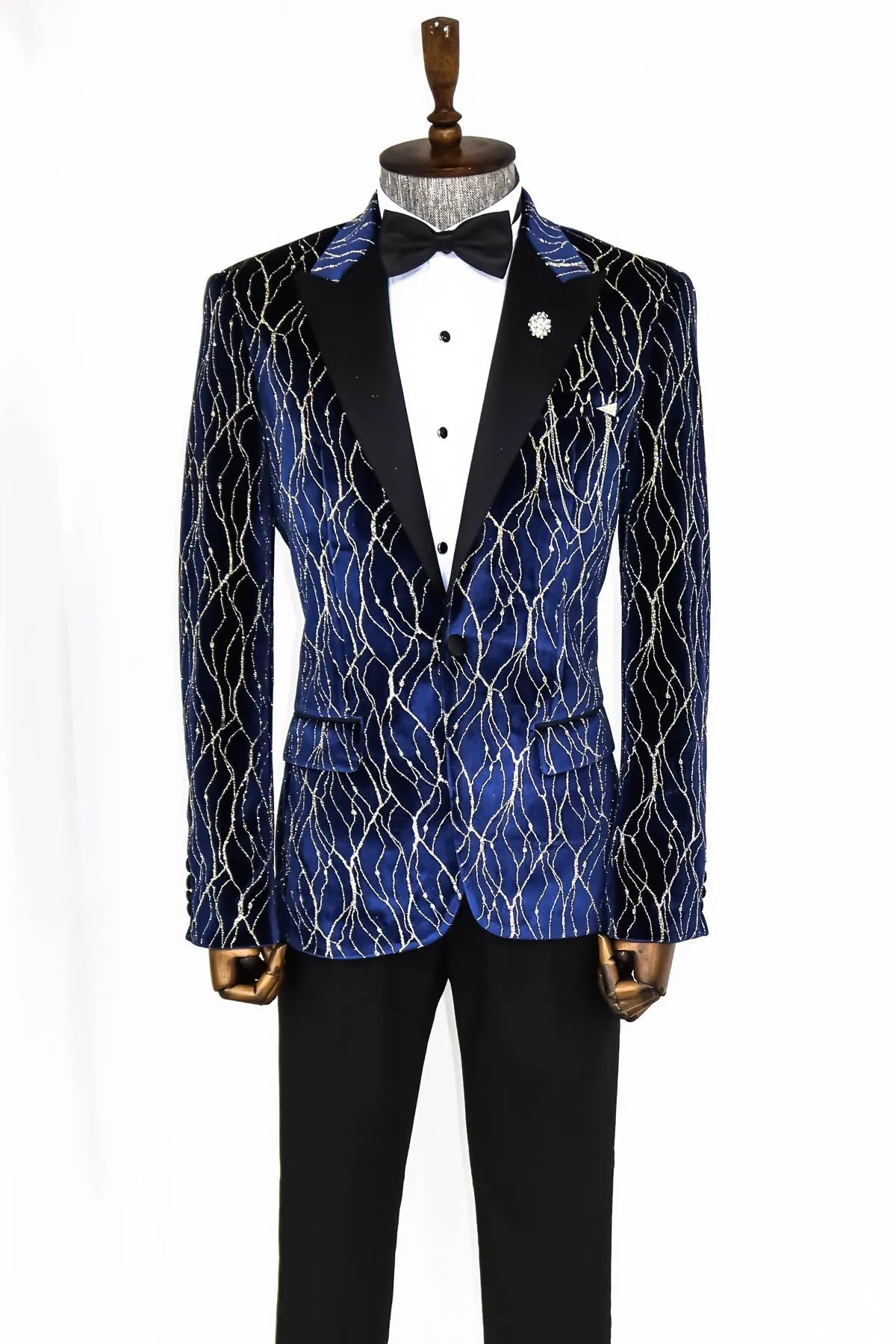 WSS Gold Patterned Navy Blue Men Prom Blazer  - Singen