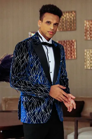 WSS Gold Patterned Navy Blue Men Prom Blazer  - Singen