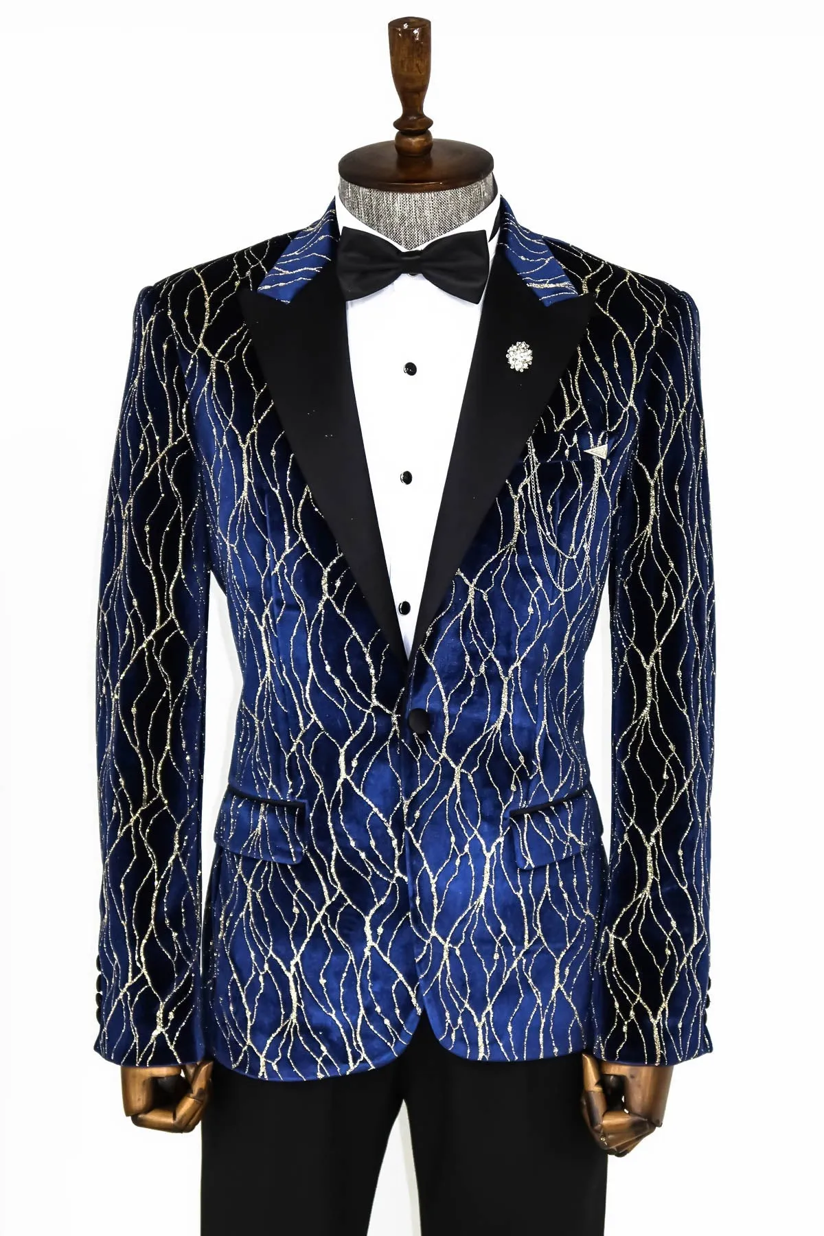 WSS Gold Patterned Navy Blue Men Prom Blazer  - Singen