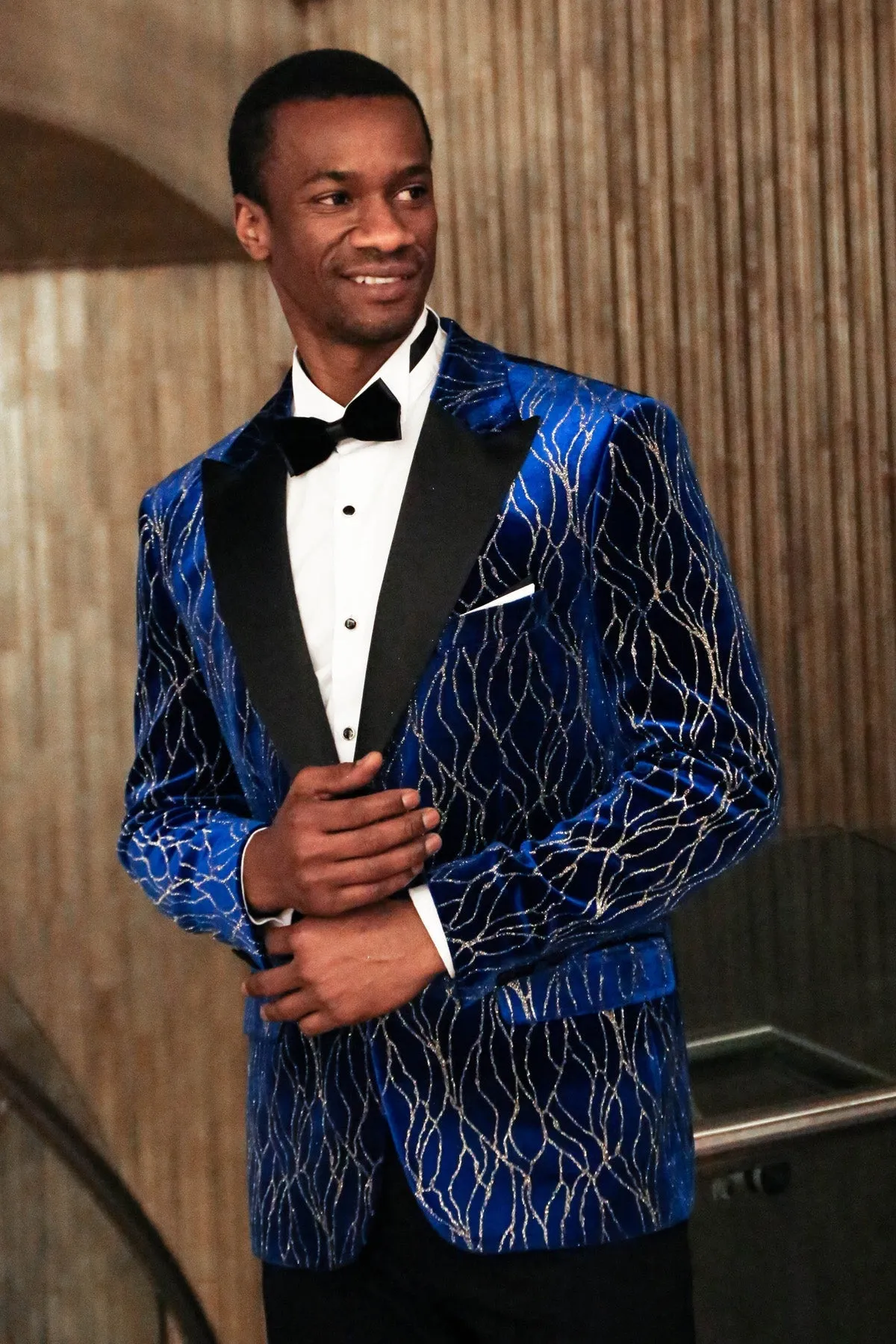 WSS Gold Patterned Navy Blue Men Prom Blazer  - Singen